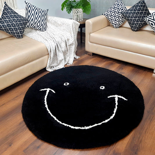 Avioni Home Atlas Collection - Smiley Design Round Carpet In Black| Soft, Non-Slip, Easy to Clean
