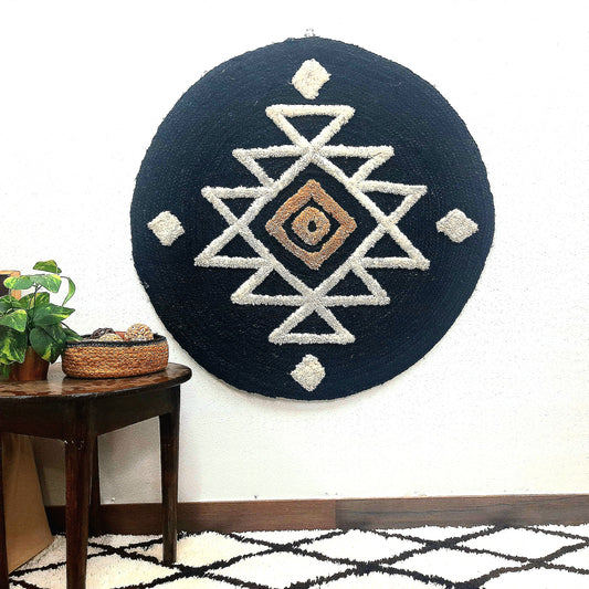 Avioni Boho Wall Decor Collection | Round Handwoven Jute with Tufted Design | Black Base with White & Beige Color Design | Large Wall Art