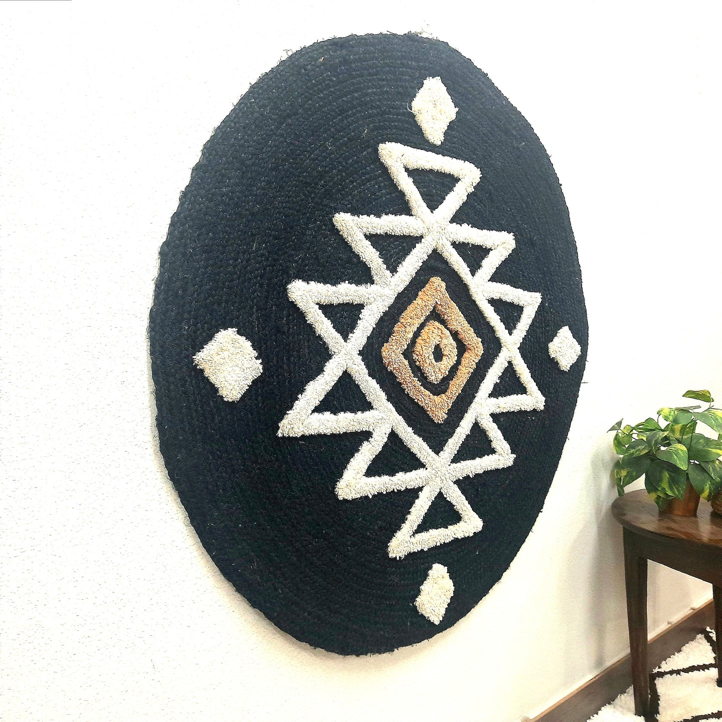 Avioni Boho Wall Decor Collection | Round Handwoven Jute with Tufted Design | Black Base with White & Beige Color Design | Large Wall Art