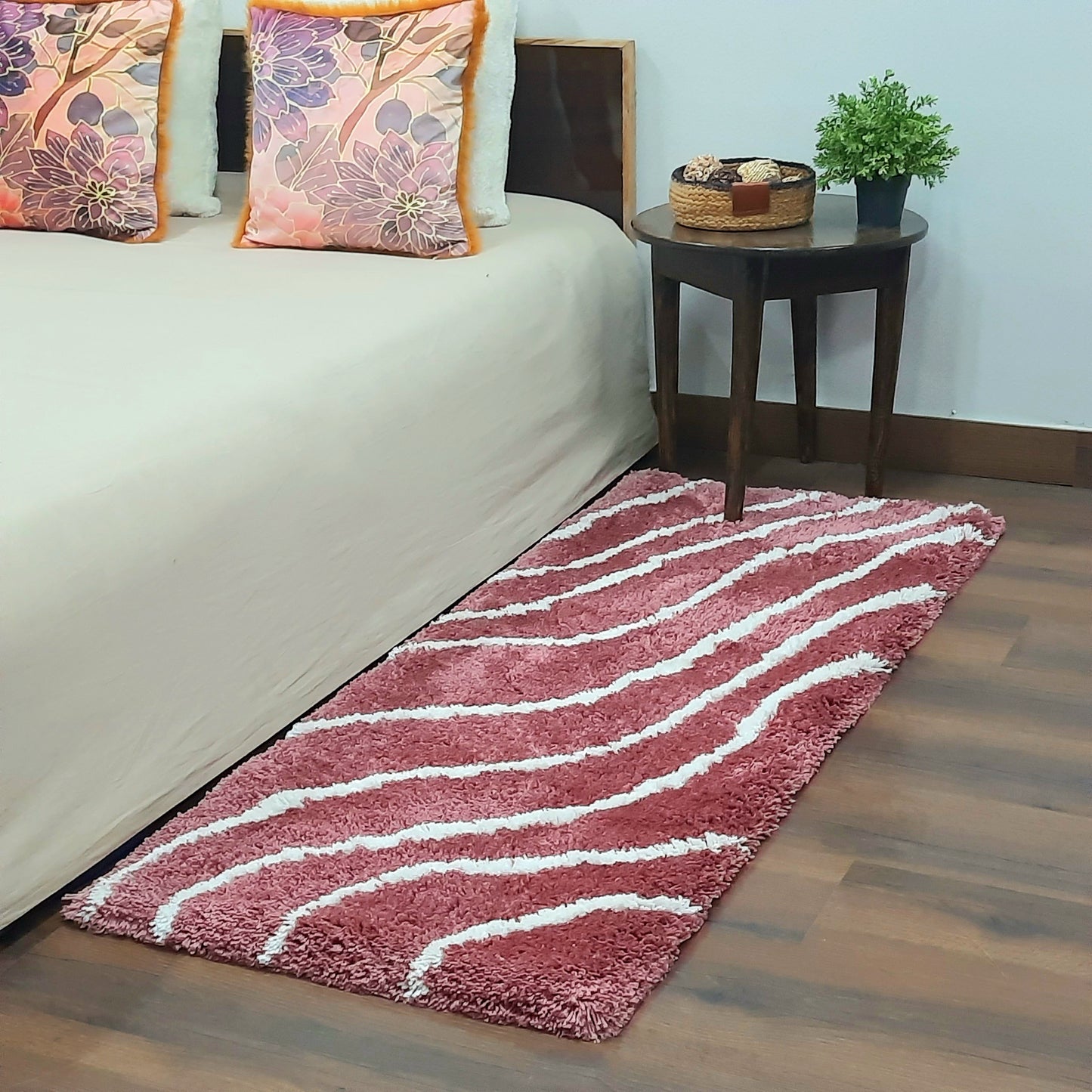 Plush Soft Washable Shaggy Carpet in Wine Color With White Wave Design /Bedside Runners by Avioni Home