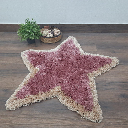 Shaggy Kids Carpet | Washable | Hand Woven Star Shape Super Luxurious Feel | Export Quality- Light Pink And Beige-75X75 Cms (2.5×2.5 Feet)