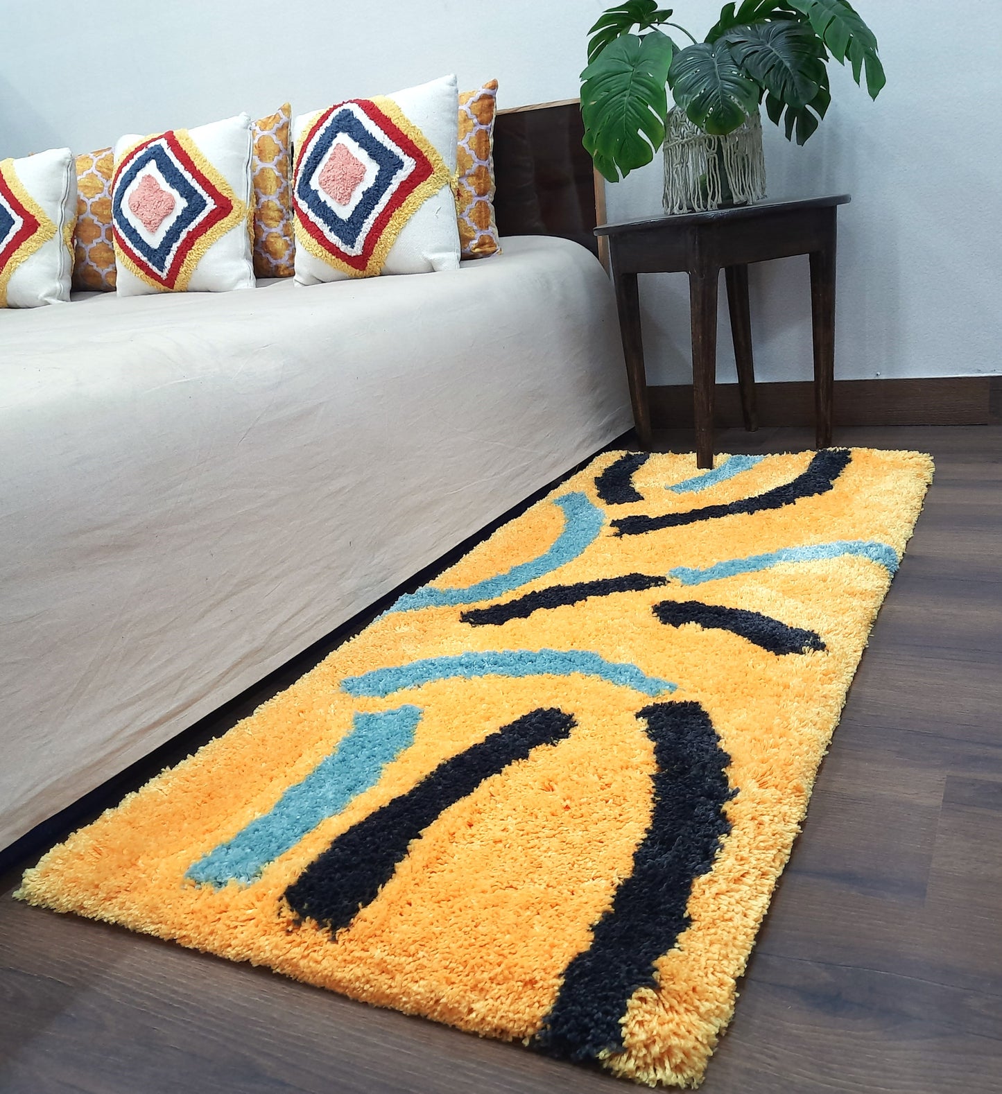 Plush Premium Shaggy Golden Yellow Base & Multi Colour With Modern Design /Bedside Runners by Avioni Home