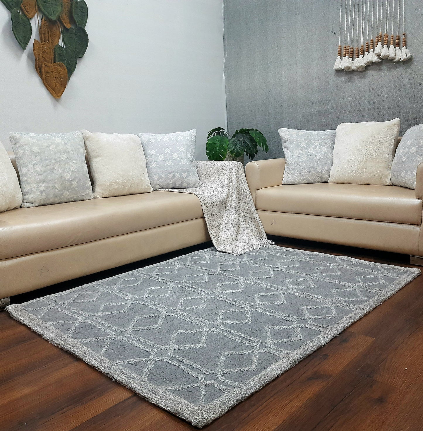 Avioni Modern Collection- Plush Grey Carpet with 3d Ethnic Design -Different Sizes Shaggy Fluffy Rugs and Carpet for Living Room