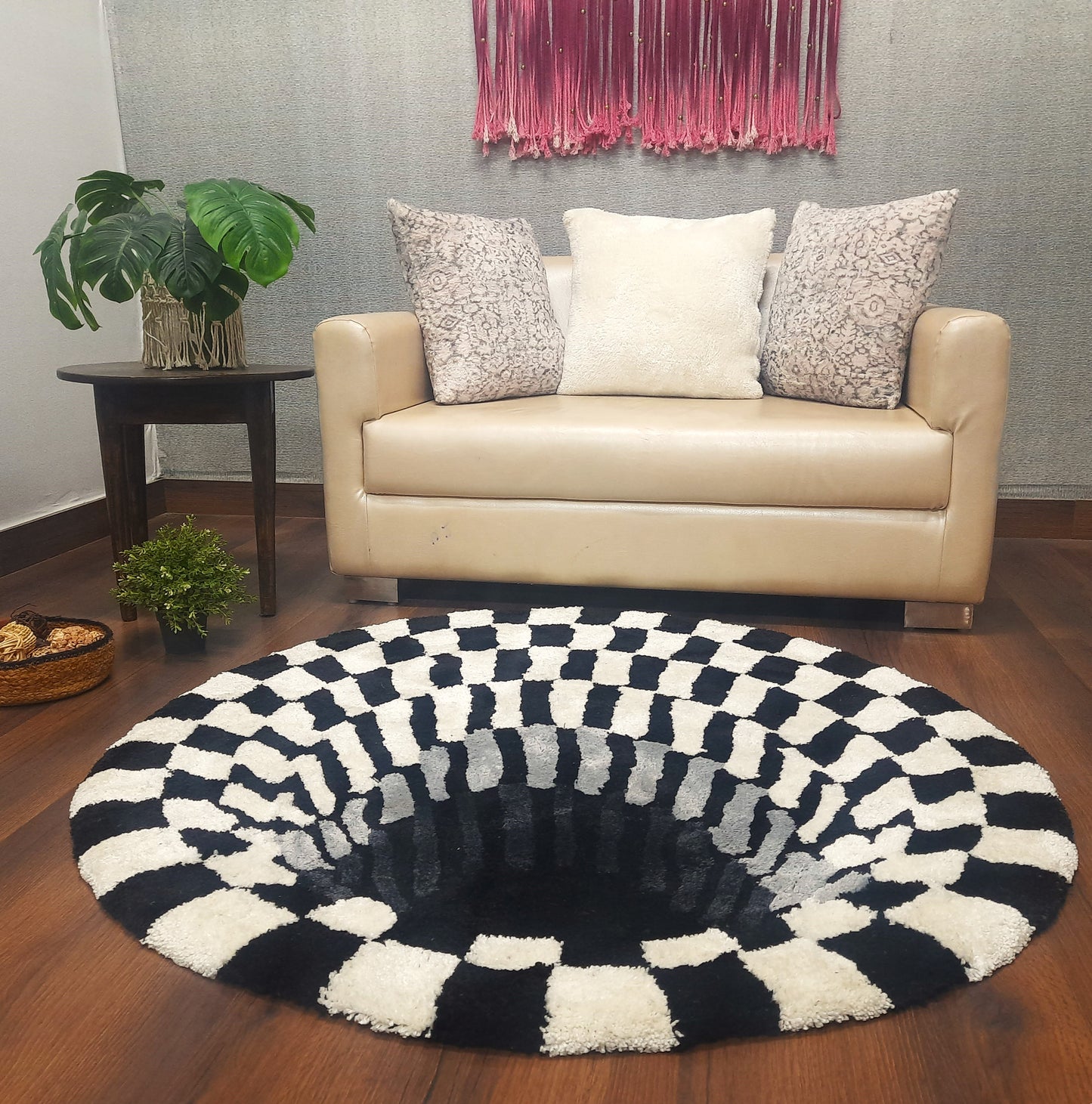 Avioni Home Vortex 3D Illusion Soft Plush Micro Yarn Round Carpet In Black & White| Soft, Non-Slip, Easy to Clean