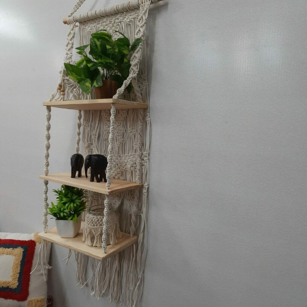 Avioni Home Boho Collection – Hand Knotted Macrame Hanging Single Shelf With Pine Wood Shelf