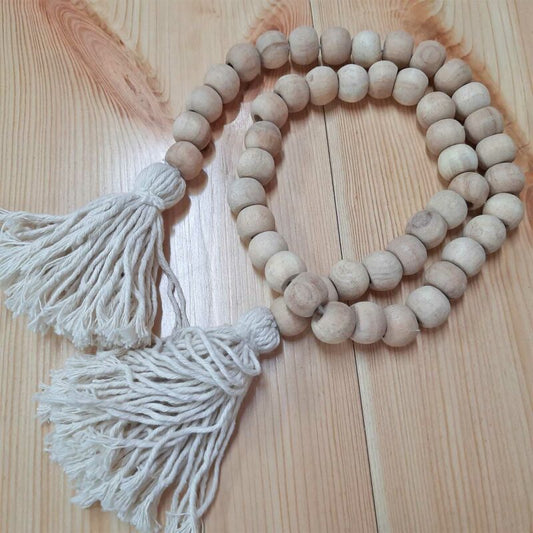 Avioni Home- Hand Made Garland With Wooden Beads Natural Colour With Fringes -44 Inches (112 cms)