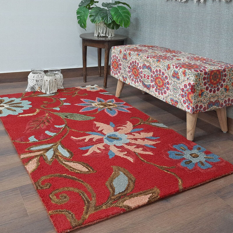 Wool Hand Tufted Beautiful Floral Red Carpet | Loop Pile | Avioni -90cm x 150cm (~3×5 Feet)