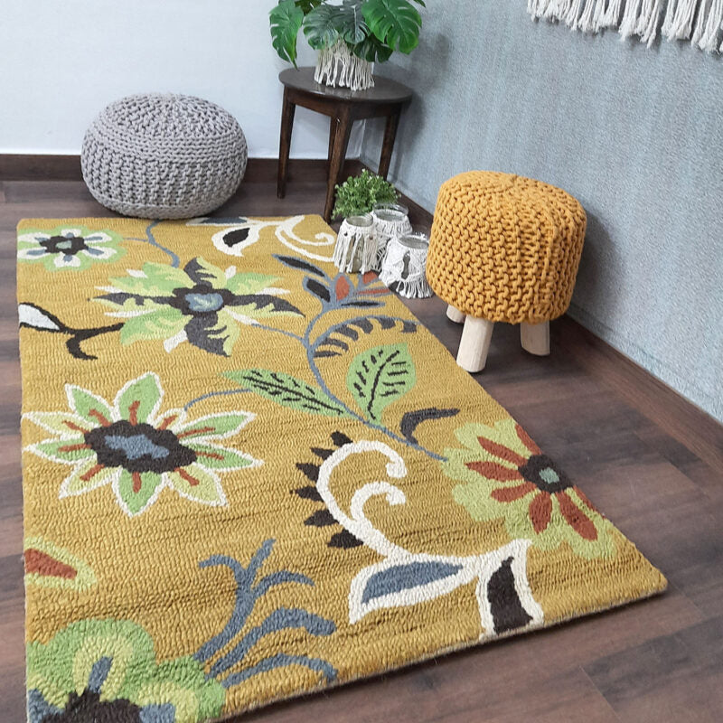 Wool Hand Tufted Beautiful Floral Green Shades Carpet | Loop Pile | Avioni -90cm x 150cm (~3×5 Feet)
