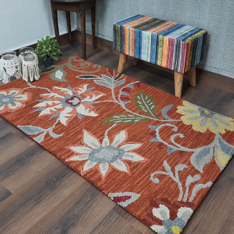 Wool Hand Tufted Floral Beautiful Brown Carpet | Loop Pile | Avioni -90cm x 150cm (~3×5 Feet)