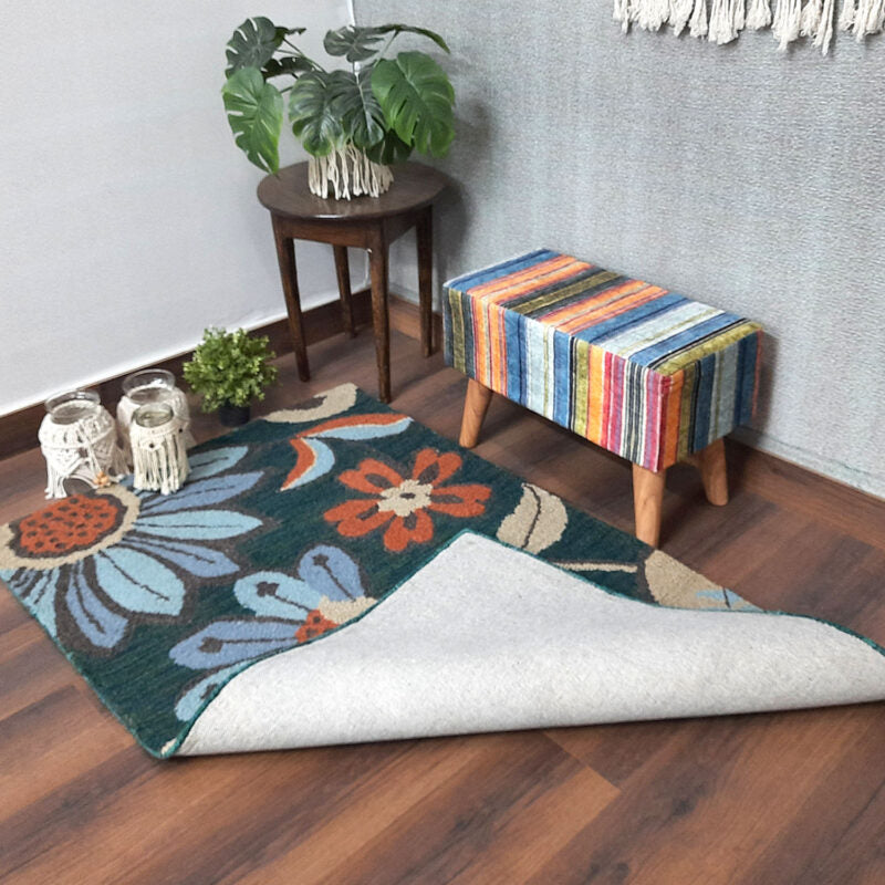 Wool Hand Tufted Floral Beautiful Green Carpet | Loop Pile | Avioni -90cm x 150cm (~3×5 Feet)