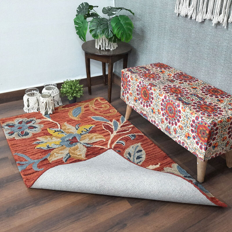 Wool Hand Tufted Floral Beautiful Brown & Red Tones Carpet | Loop Pile | Avioni -90cm x 150cm (~3×5 Feet)