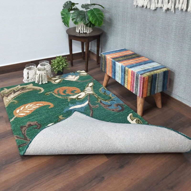 Wool Hand Tufted Floral Beautiful Green Tones Carpet | Loop Pile | Avioni -90cm x 150cm (~3×5 Feet)