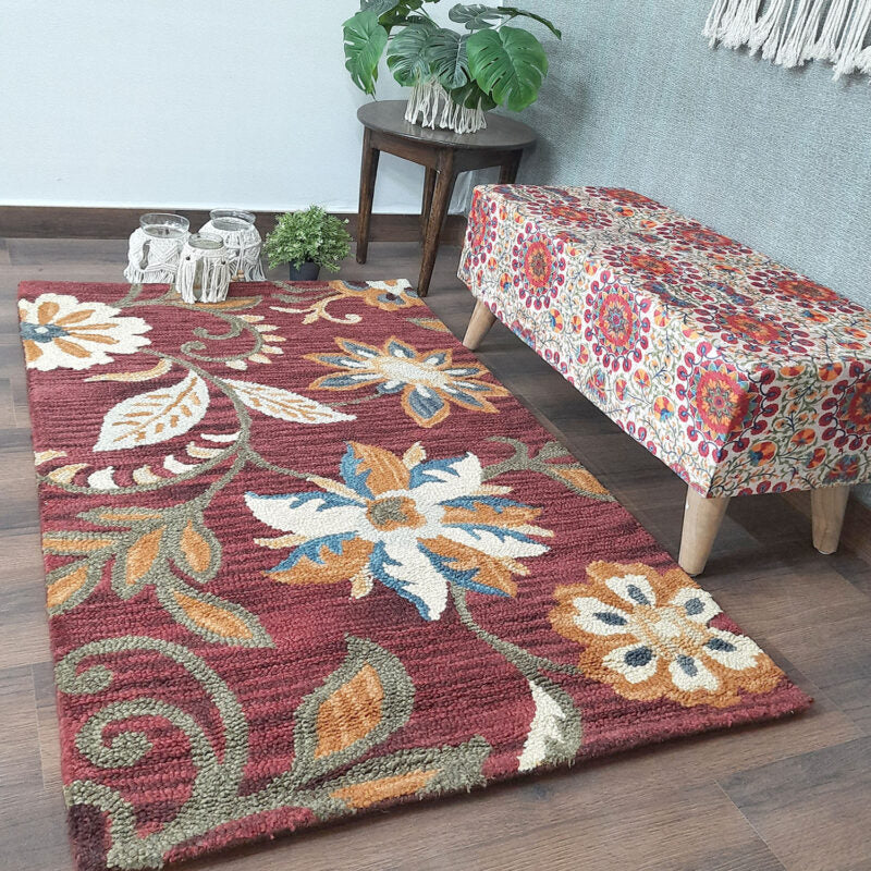 Wool Hand Tufted Floral Beautiful Carpet | Loop Pile | Avioni -90cm x 150cm (~3×5 Feet)