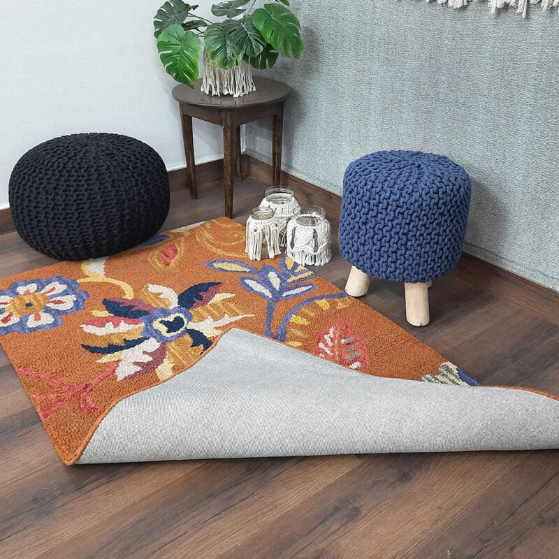 Wool Floral Beautiful Hand Tufted Brown Carpet | Loop Pile | Avioni -90cm x 150cm (~3×5 Feet)