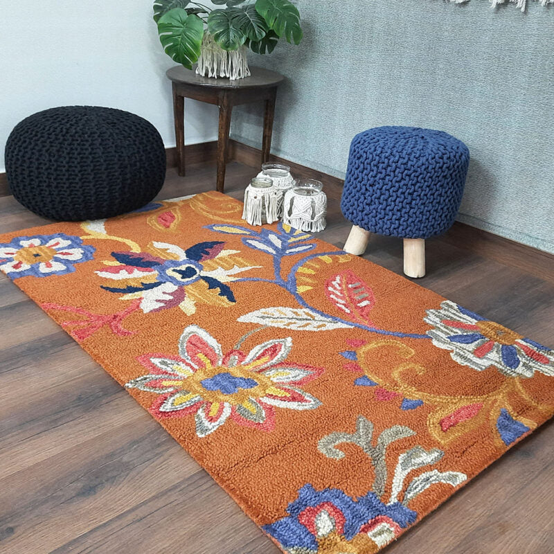 Wool Floral Beautiful Hand Tufted Brown Carpet | Loop Pile | Avioni -90cm x 150cm (~3×5 Feet)