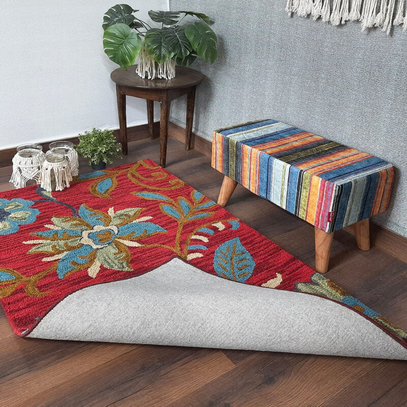 Wool Floral Beautiful Hand Tufted Red Blue Carpet | Loop Pile | Avioni -90cm x 150cm (~3×5 Feet)