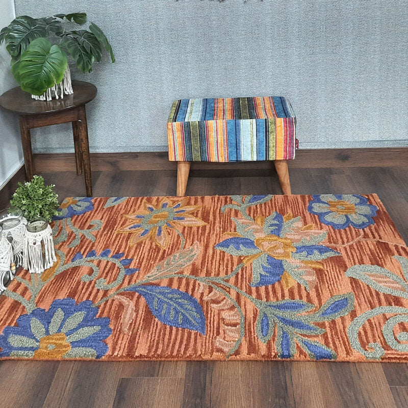 Wool Floral Beautiful Hand Tufted Brown Blue Carpet | Loop Pile | Avioni -90cm x 150cm (~3×5 Feet)