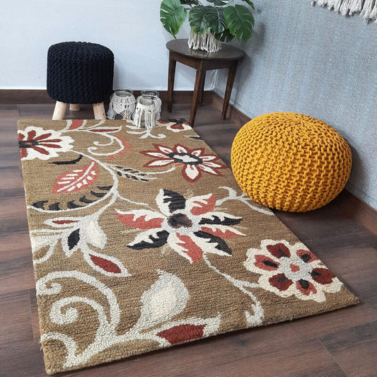 Wool Floral Beautiful Hand Tufted Carpet | Brown Loop Pile Rug | Avioni -90cm x 150cm (~3×5 Feet)
