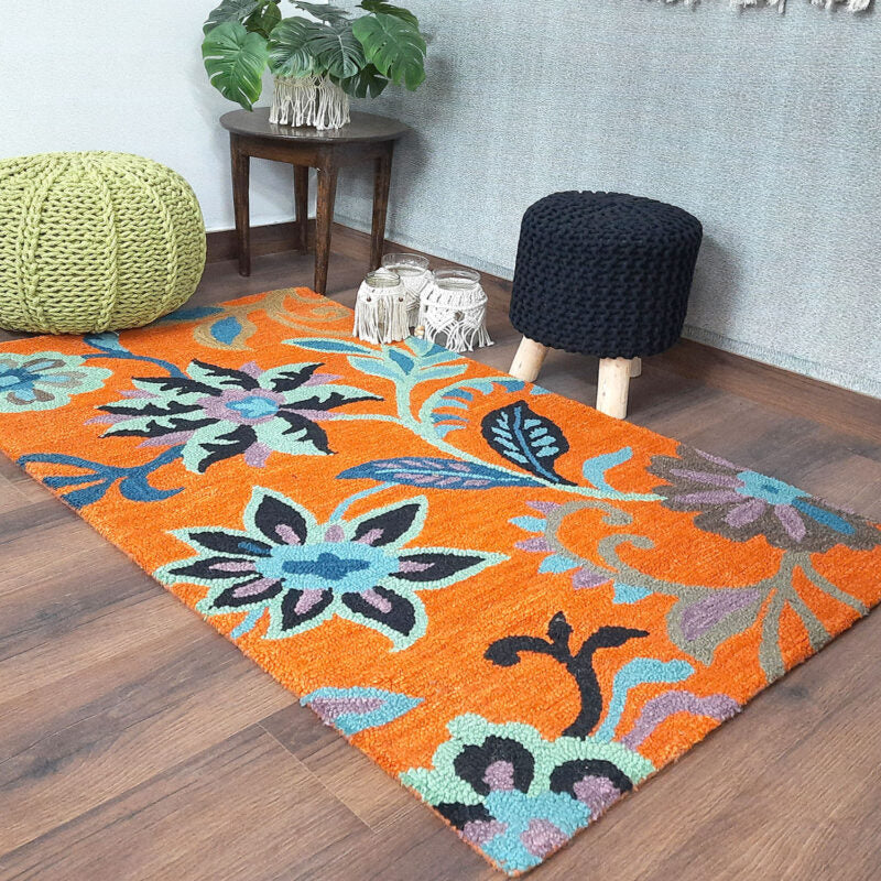 Wool Floral Beautiful Hand Tufted Orange Carpet | Loop Pile Rug | Avioni -90cm x 150cm (~3×5 Feet)