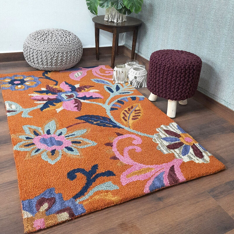 Wool Floral Beautiful Hand Tufted Carpet | Orange Loop Pile Rug | Avioni -90cm x 150cm (~3×5 Feet)