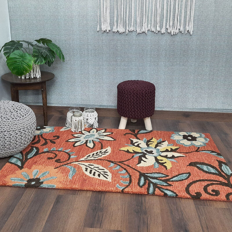 Wool Floral Beautiful Hand Tufted Carpet | Loop Pile Rug | Avioni -90cm x 150cm (~3×5 Feet)