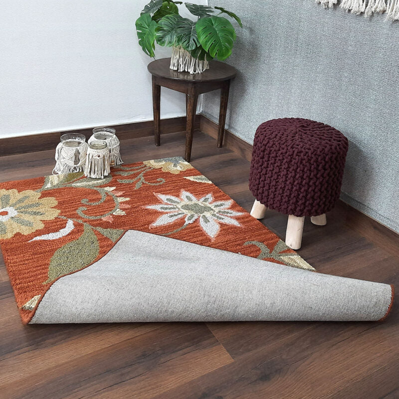 Wool Floral Beautiful Hand Tufted Brown Carpet | Loop Pile Rug | Avioni -90cm x 150cm (~3×5 Feet)