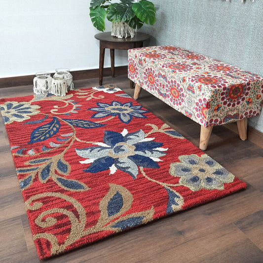 Wool Floral Beautiful Red Tone Hand Tufted Carpet | Loop Pile Rug | Avioni -90cm x 150cm (~3×5 Feet)