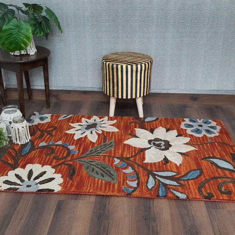 Wool Floral Beautiful Hand Tufted Brown Tone Carpet | Loop Pile Rug | Avioni -90cm x 150cm (~3×5 Feet)