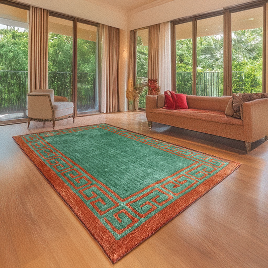 Avioni Luxury Collection- Plush Luxury Green and Golden Mustard Carpet with Greek Border Design -Different Sizes- Carpet for Living Room