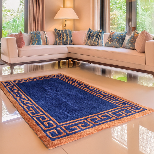 Avioni Luxury Collection- Plush Luxury Navy Blue and Golden Mustard Carpet with Greek Border Design -Different Sizes- Carpet for Living Room