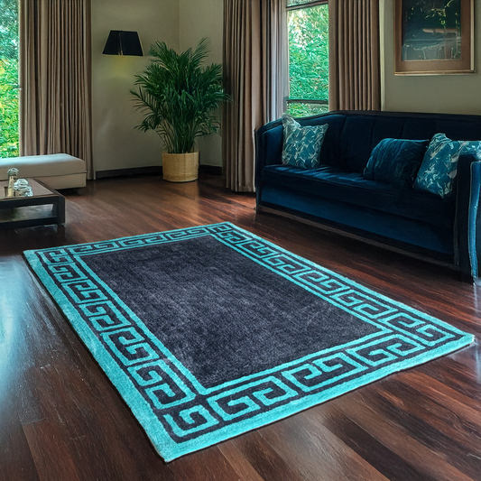 Avioni Luxury Collection- Plush Luxury Grey and Turquoise shades Carpet with Greek Border Design -Different Sizes- Carpet for Living Room