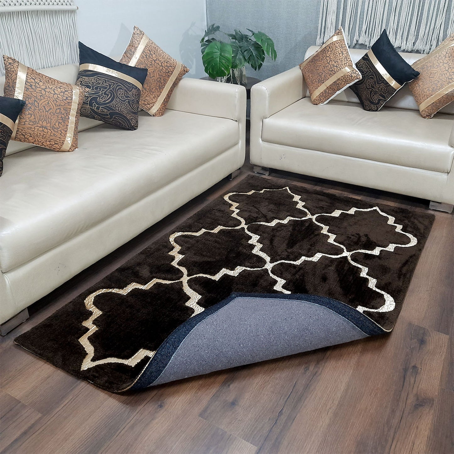 Avioni Divine Collection | Luxury Golden Touch With Coffee Moroccan Design Soft And Plush Handmade Living Room Rugs | Different Sizes | Carpet for Living Room