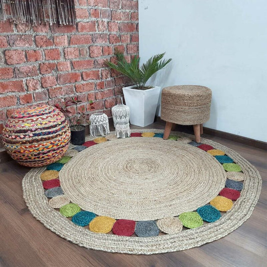 Jute Carpet – Braided Area Rugs – Circular Rug with Contemporary Colored Pattern over Natural Handmade unbleached Centre – 150 cm Diameter – Avioni