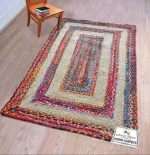 Braided Area Rug – Ecofriendly Recycled Cotton Chindi and Jute – Colorful Contemporary Design – Avioni Premium Eco Collection