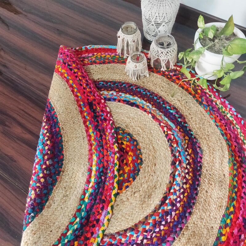 Braided Rug in Ecofriendly Recycled Cotton Chindi and Jute – Colorful Contemporary Design – 5 feet Round (152 cms Diameter)- Avioni Premium Eco Collection