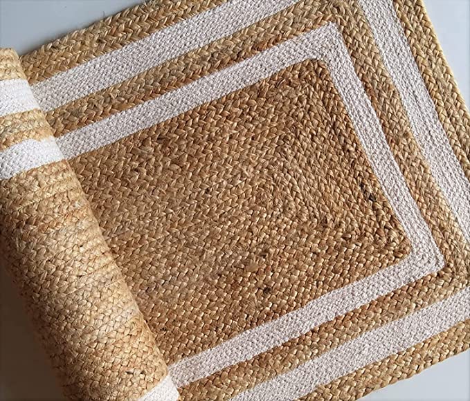 Jute (Natural and Bleached Jute) Handmade Braided Rugs | Natural & White Double Border Jute Area Rug | Avioni- Premium Collection