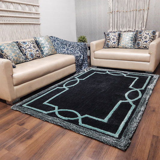 Avioni Luxury Collection- Plush Luxury Dark Grey and Aqua Tone Carpet with 3d Traditional Design -Different Sizes Shaggy Fluffy Rugs and Carpet for Living Room