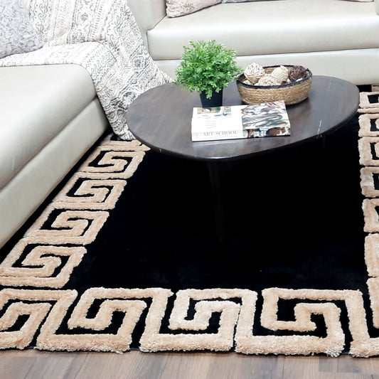 Avioni Atlas Collection- Micro Black with 3D Beige Designer Border -Different Sizes Shaggy Fluffy Rugs and Carpet for Living Room