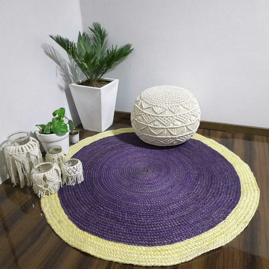 Jute Mat – Natural Rugs – Braided Area Rug – Grape- Voilet With Border – Handmade & Unbleached – Avioni Premium Eco Collection