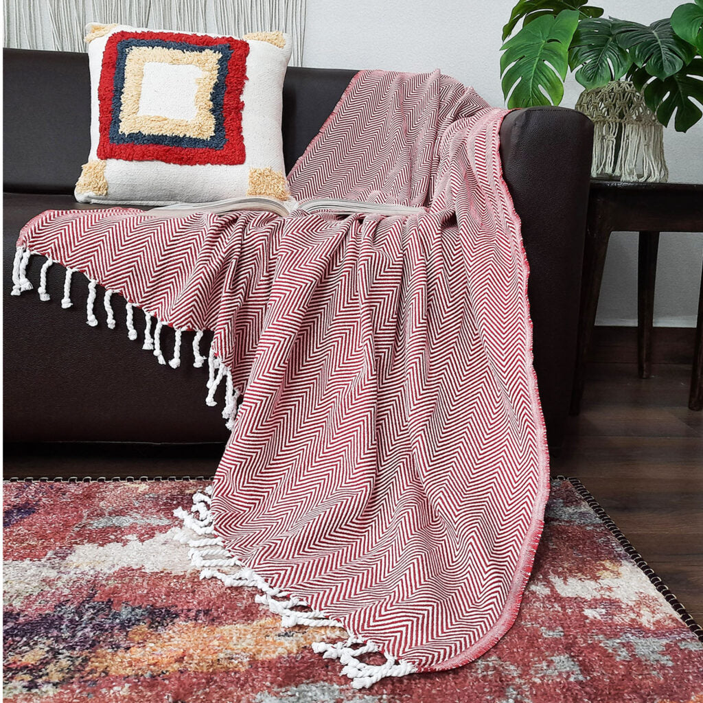 Avioni Premium 100% Cotton Sofa Throws/Blankets-Red-120cm x 150cm