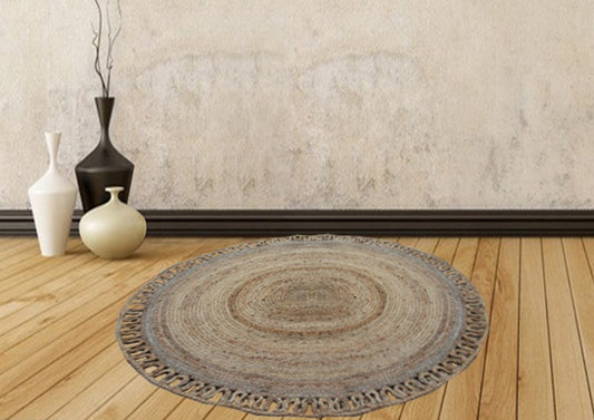 Jute Mat – Natural Rugs – Braided Area Rug – Wave Border- Handmade & Unbleached – 130 cm Round- Avioni Premium Eco Collection