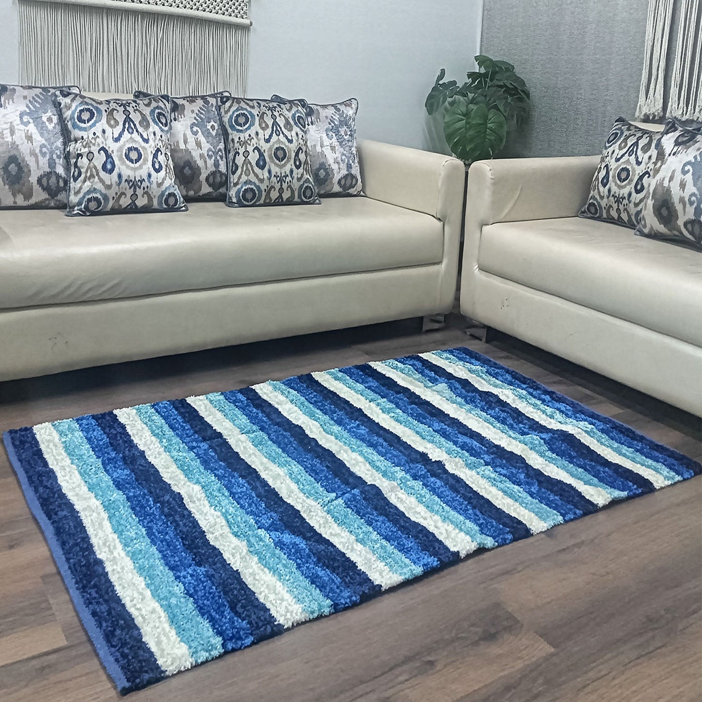 Avioni Handloom Cut Shuttle Rugs by Master Artisans | Feather like Luxurious Silk Soft Touch | Home Washable | Stripes in Shades of Blue and White | Reversible - 3 feet x 5 feet (~90 cm x 150 cm)