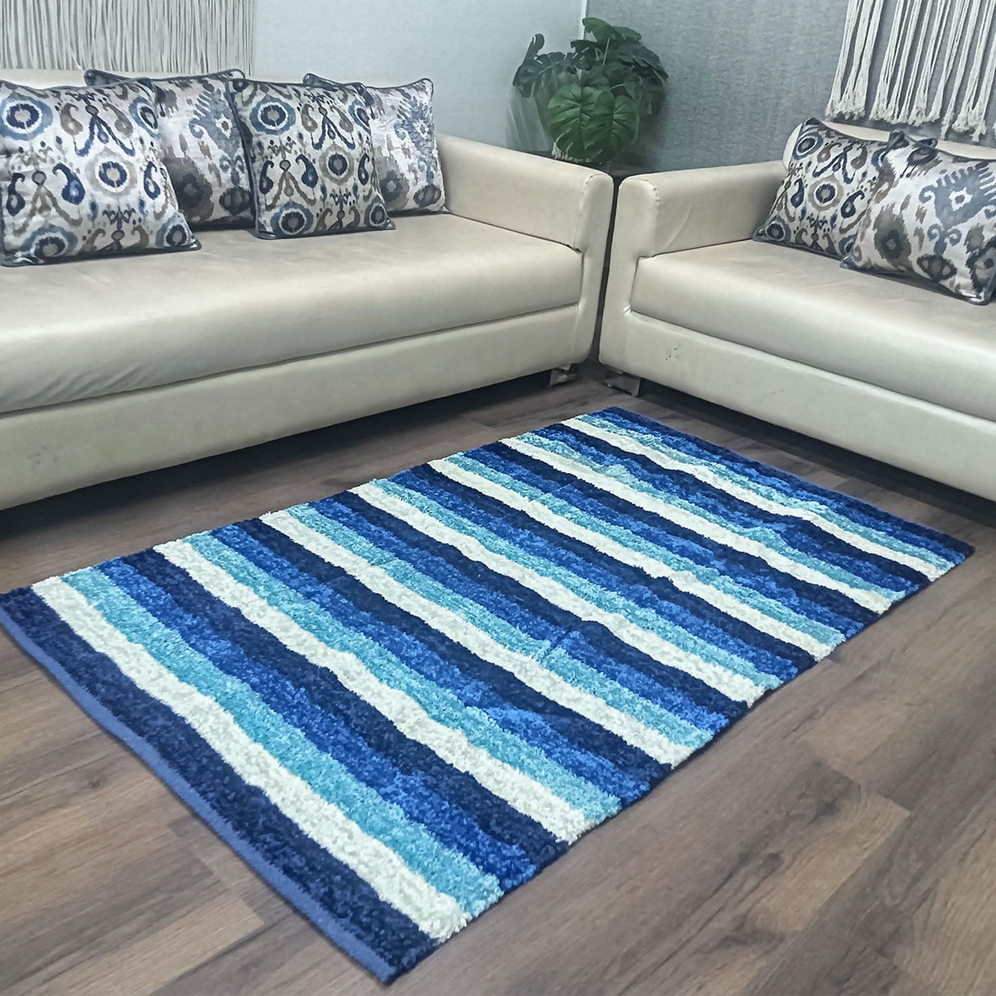 Avioni Handloom Cut Shuttle Rugs by Master Artisans | Feather like Luxurious Silk Soft Touch | Home Washable | Stripes in Shades of Blue and White | Reversible - 3 feet x 5 feet (~90 cm x 150 cm)