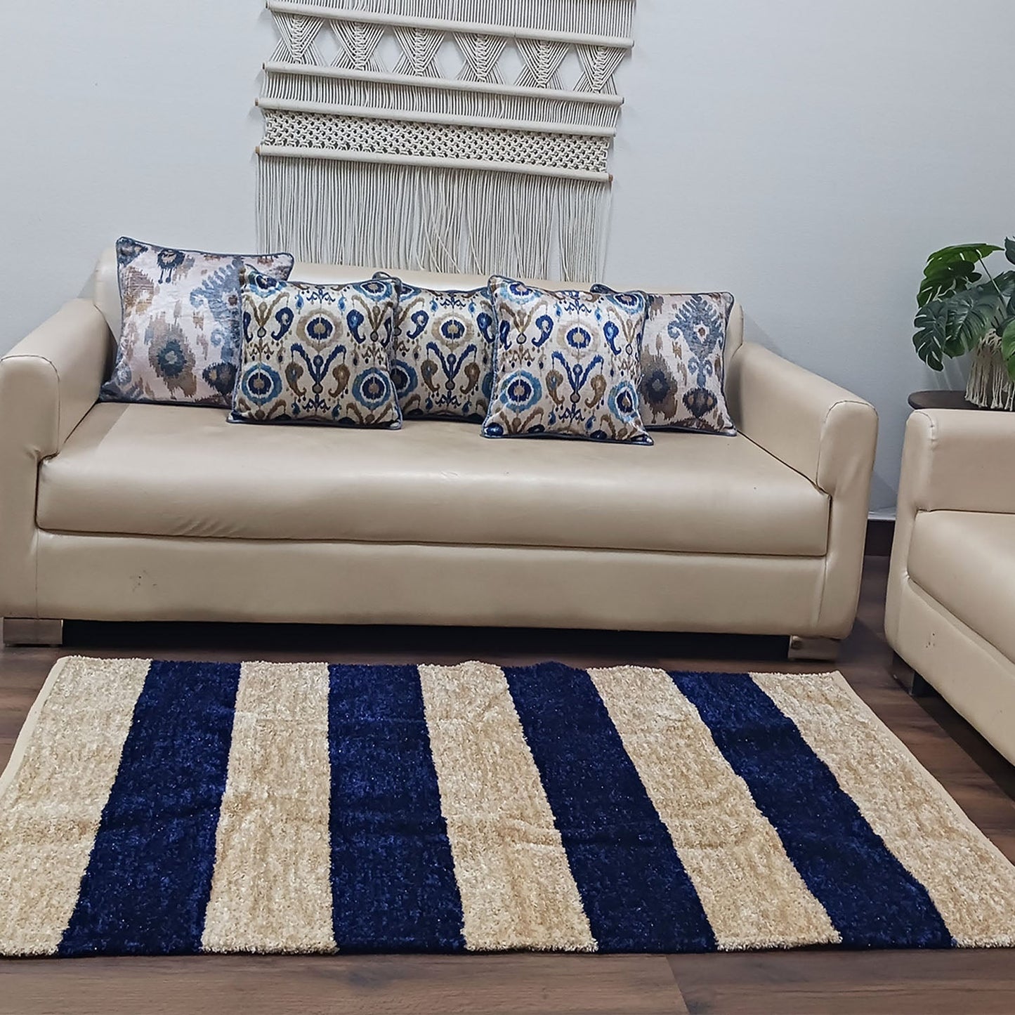 Avioni Handloom Rugs | Master Artisans Work | Feather like Luxurious Silk Soft Touch | Home Washable | Blue and White Broad stripes | Reversible
