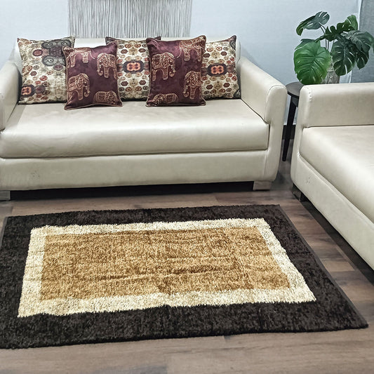 Avioni Handloom Cut Shuttle Rugs by Master Artisans | Feathers like Luxurious Silk Soft Touch | Home Washable | Double Border in Coffee And Beige | For Living Room Made Reversible - 90cm x 150cm (~3feet x 5feet)