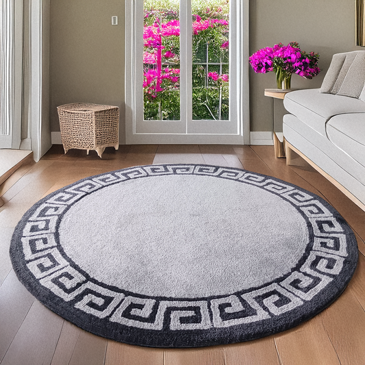 Avioni Home Atlas Collection - Greek Style Microfiber Round Carpet In Light and Dark Grey | Soft, Non-Slip, Easy to Clean