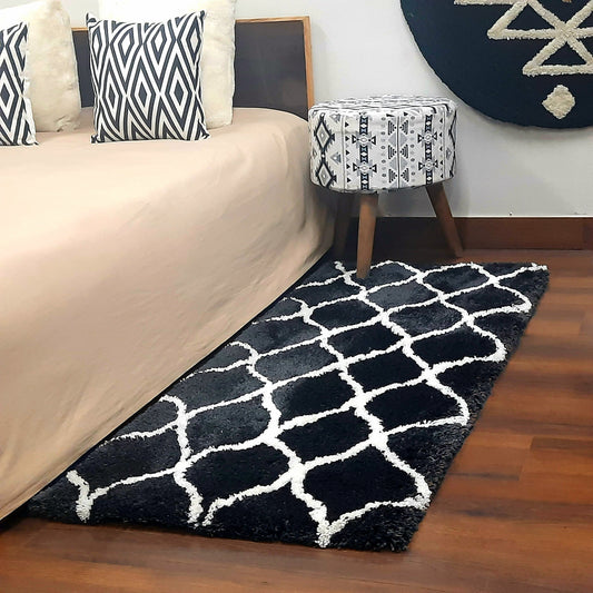 Plush Soft Washable Shaggy Black Carpet With White Moroccan Design /Bedside Runners by Avioni Home