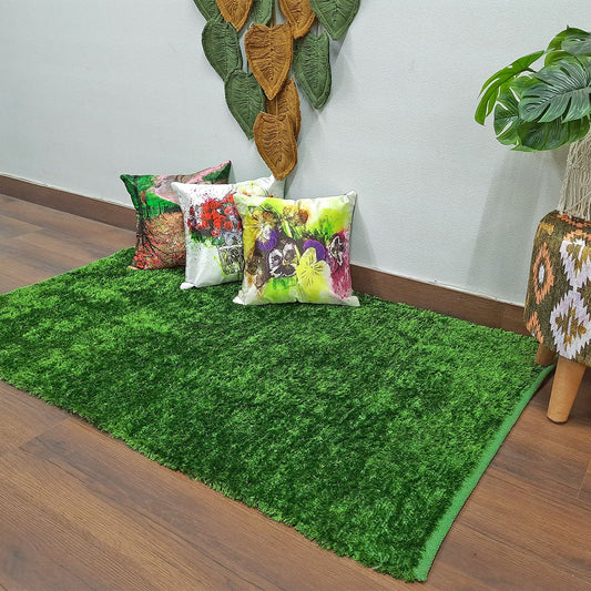 Flurry Yarn Fur Dhurrie For Living Room|Green|By Avioni| 90cm x 150cm (~3×5 Feet)
