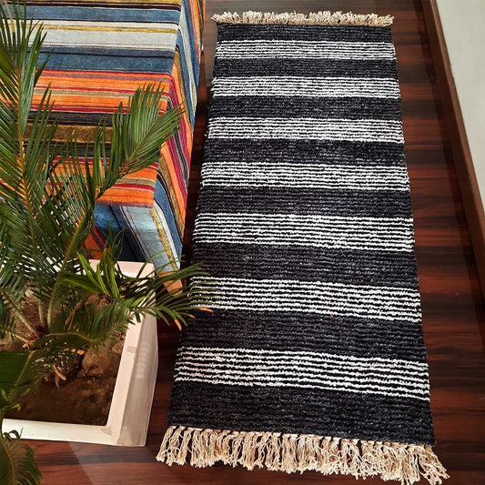 Avioni Bedside/Hallway/Pooja Carpets In Faux Silk Black Gray-(22X55 Inch)-56X140 cms