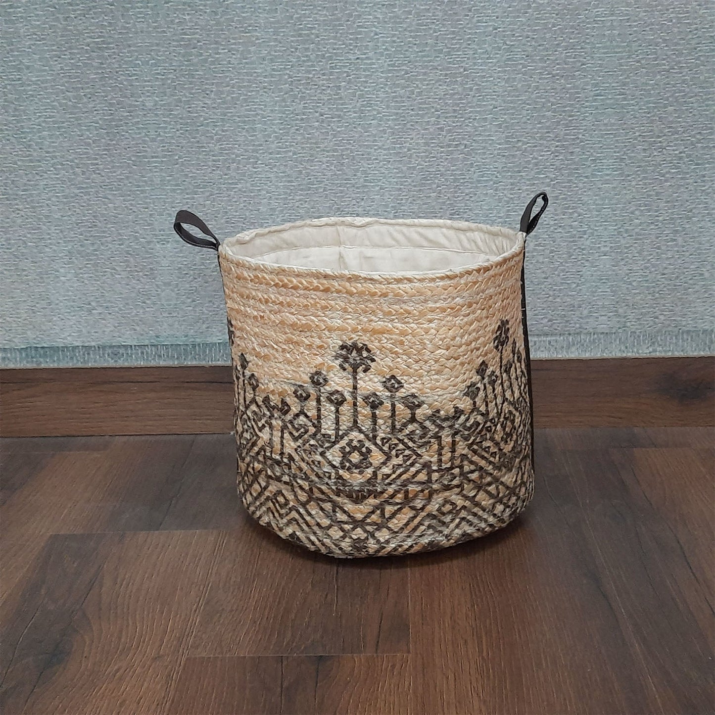 Avioni Home Hand Braided Ethnic Pattern Jute Basket | Designer Leatherette Handles | Canvas Inner for Extra Strength | Size: 28 x30 cms (~11×12 inch)